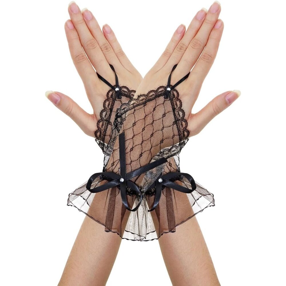 Women's Finger Loop Black Rhinestone Bow Lace Mesh Net Gloves Halloween Costume